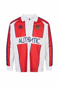 Maillot de football blanc et rouge à manches longues avec le texte "AUTHENTIC", logos Kappa et un écusson avec deux étoiles sur la poitrine.