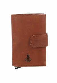 Portafoglio in pelle marrone con una texture liscia, emblema dell'ancora e chiusura a scatto. Forma rettangolare compatta con bordi cuciti.