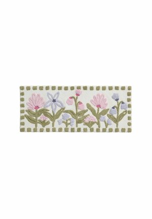 Rectangular rug with green checkered border and raised pastel-colored flowers in pink, purple, and green on a white background.