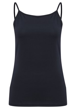 Donkerblauwe tanktop gemaakt van gladde, rekbare stof, met dunne spaghetti bandjes en een ronde halslijn. Eenvoudig, tijdloos ontwerp.