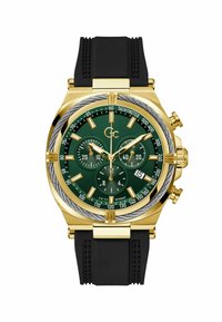Gold-tone chronograph watch featuring a green dial, three sub-dials, tachymeter scale, and a black rubber strap with textured accents.