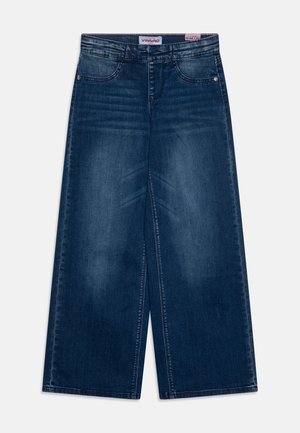 Tmavě modré džíny s širokými nohavicemi z denimu. Mají pět kapes, přední zapínání na knoflíky a zip, hladkou strukturu a rovný střih.