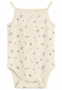 Hellbeiges Bodysuit mit gerippter Textur, das ein florales Muster in Rosa und Purpur zeigt. Mit verstellbaren Spaghettiträgern und Druckknopfverschluss.