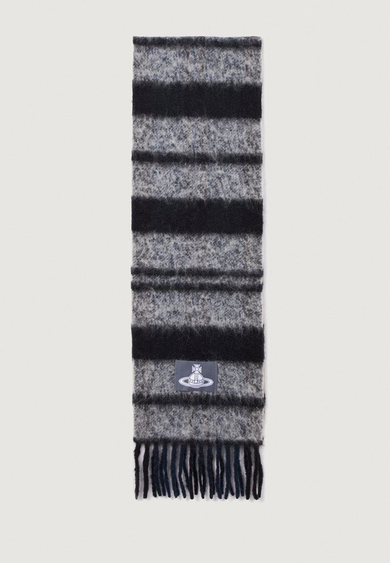 Rõngastikandiga sall halli ja musta tooni, valmistatud pehmest materjalist, millel on narmastega otsad ja väike logopatch allosas.