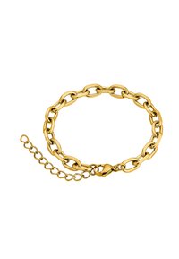 Bracciale in oro con maglie ovali, dotato di chiusura a granchio e di una catena di estensione regolabile per variare la dimensione. Finitura liscia e lucida.