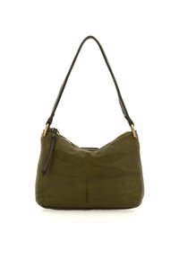 Borsa a tracolla in pelle verde oliva con un design goffrato a libellula, chiusura con zip e una singola tracolla. Presenta dettagli in metallo dorato.