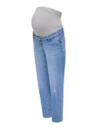 Gravid person som har på seg lyseblå mammaplagerjeans med en myk grå elastisk midje over magen.