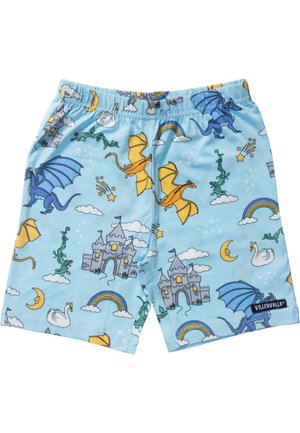 Light blue children's shorts with elastic waist, featuring prints of castles, dragons, rainbows, moons, swans, stars, and vines.