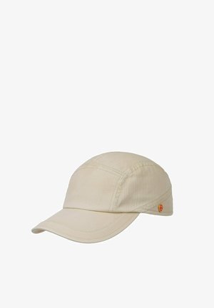 Beige fabric baseball cap with visible stitching and a small round red and yellow logo on the side.