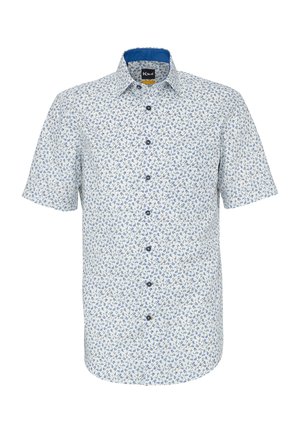 Camicia bianca a maniche corte con bottoni, motivo floreale blu e fodera interna del colletto blu.