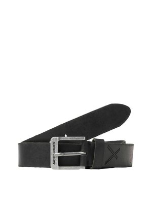 Black leather belt with silver rectangular buckle engraved "JACK & JONES" and an X-shaped stitch detail near the buckle.