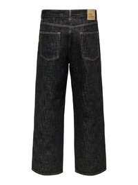 Zwarte wijde denimbroek met een hoge taille, zichtbare stiksels, twee achterzakken en een leren merketiket boven de rechterzak.