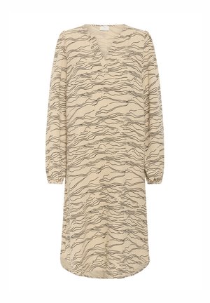 Abito beige con scollatura a V, maniche lunghe e polsini elasticizzati, caratterizzato da un motivo ondulato nero su tutta la superficie. Design di lunghezza media.