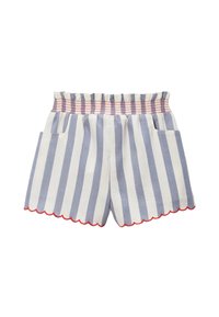 Shorts rayés avec une taille élastique, présentant des rayures bleues et blanches, une bordure rouge festonnée et deux poches latérales.