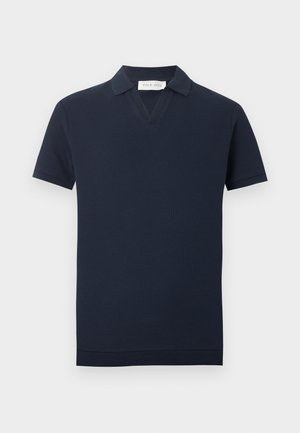 Dunkelblaues Strick-Poloshirt mit kurzen Ärmeln und Waffelstruktur, V-Ausschnitt sowie Rippbündchen an Ärmeln und Saum.