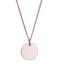 Rosen-guld halskæde med en rund, glat vedhæng på en intrikat kæde. Vedhænget er blankt og poleret, hvilket fremhæver dets minimalistiske design.