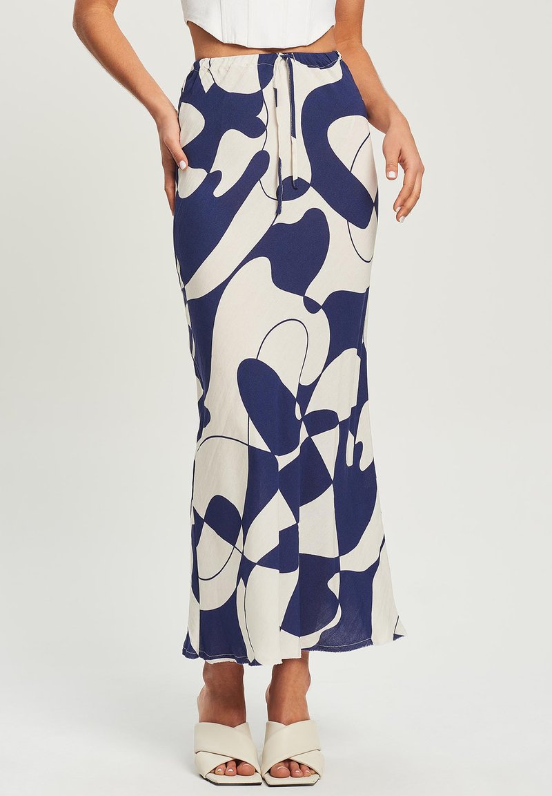 Gonna maxi a motivo blu navy e crema con vita regolabile, caratterizzata da forme astratte e un design fluido. Morbida al tatto.