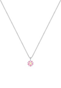S�ølv kædedykke med en lyserød blomstervedhæng med en gul midte, designet med petal detaljer og en blank finish.