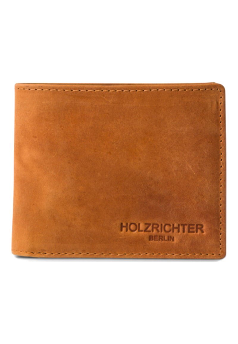 Brown leather wallet with a smooth texture, featuring embossed "HOLZRICHTER BERLIN" logo and neatly stitched edges. Compact rectangular design.