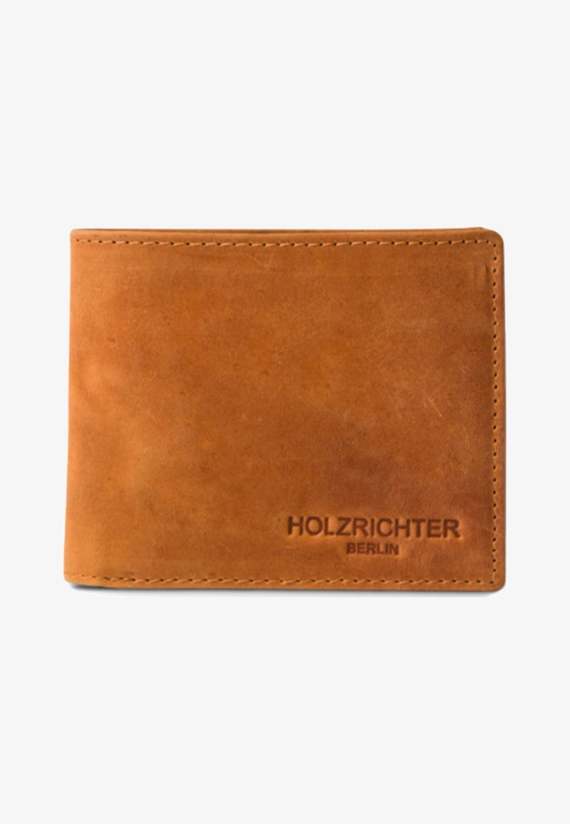Brown leather wallet with a smooth texture, featuring embossed "HOLZRICHTER BERLIN" logo and neatly stitched edges. Compact rectangular design.