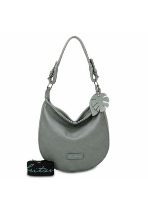 Gray faux leather hobo bag with a wide, soft shape, featuring a detachable leaf charm and a black strap with blue logo detailing.