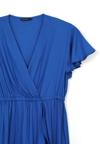 Blue dress with a V-neckline, short flutter sleeves, elastic waistline, and a flowing skirt made from soft fabric.