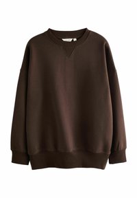 Brown sweatshirt in soft fabric, with a rounded neckline, ribbed cuffs, and a loose fit. Notable V-stitch detail at the collar.