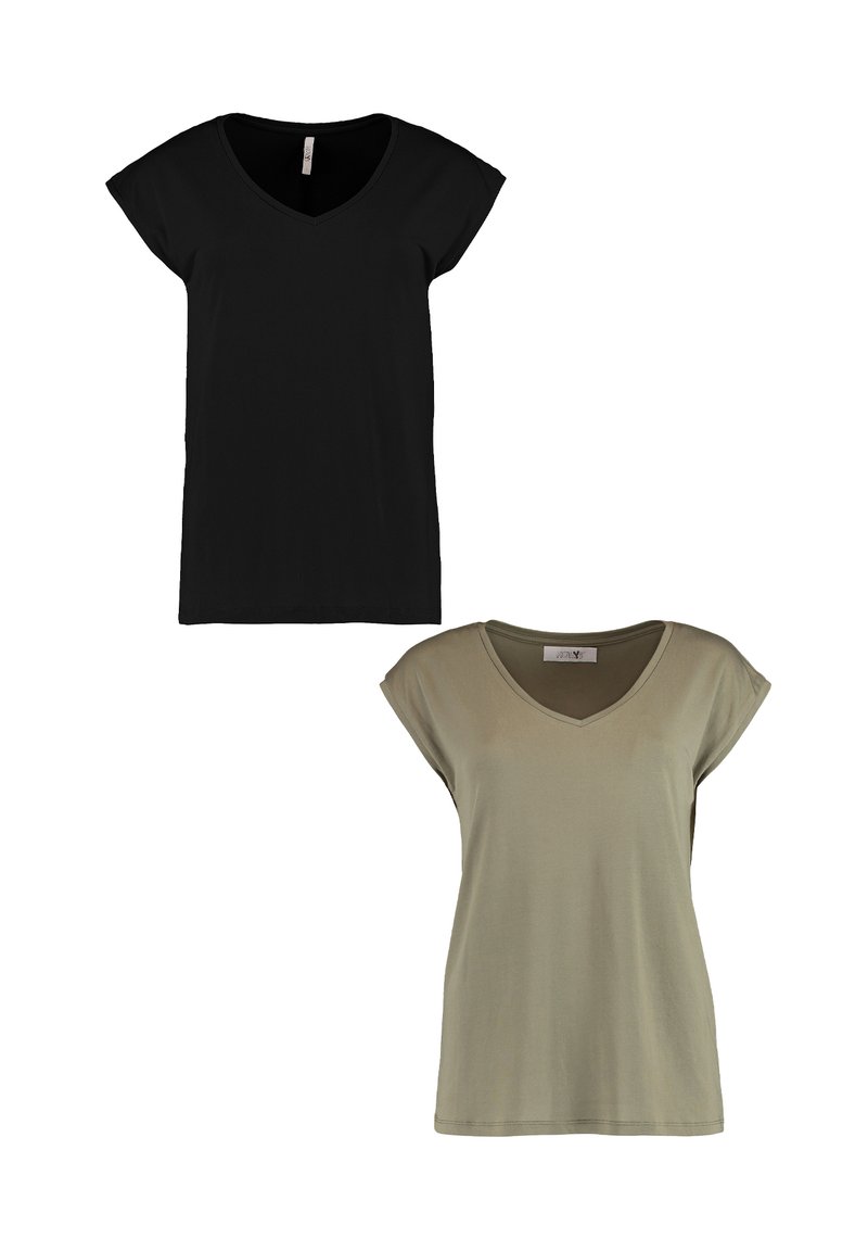 Two short-sleeve V-neck t-shirts: one black and one olive green, made from soft fabric, featuring a relaxed fit and stitched neckline.
