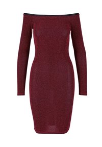 Robe ajustée et décolletée en bordeaux avec une texture scintillante. Manches longues et ourlet au genou. Présente un col noir contrastant.