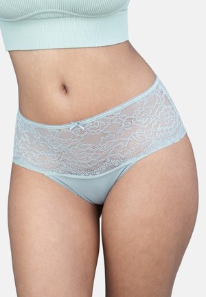 Helleblaue Spitzen-Hipster-Unterwäsche mit einem floralen Spitzenbund oben, aus einem glatten, leichten Material und einem dekorativen Schleifenakzent.