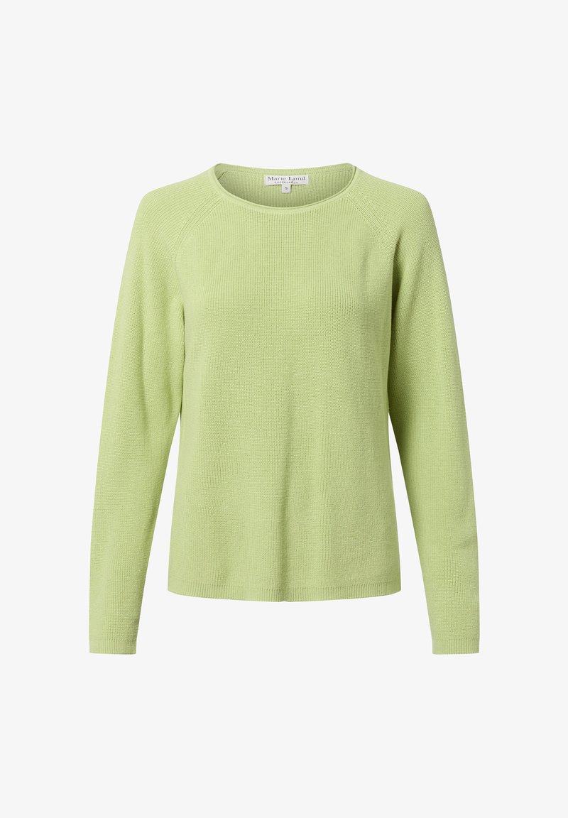Hellgrüner, gestrickter Pullover mit Rundhalsausschnitt und langen Ärmeln, der einen strukturierten Stoff und einen lässigen Schnitt aufweist.