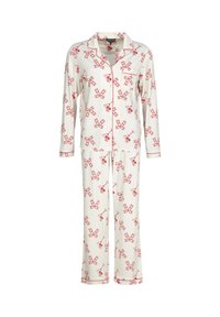 Witte pyjama set met een rode strik en kersenprint. Kenmerken zijn lange mouwen, een knoopsluiting bovenaan en rechte broekspijpen. Gladde stof met contrasterende afwerking.