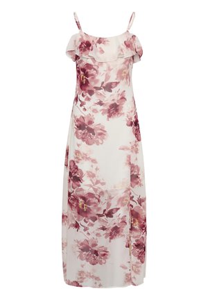 Robe longue blanche à motif floral rose et bordeaux, col à volants et fines bretelles réglables.