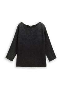 Pull en maille noir ample à manches trois-quarts, avec un motif texturé et un grand col. Matière douce et légèrement brillante.