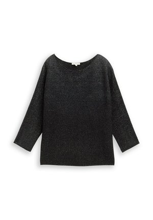 Schwarzer, locker sitzender Strickpullover mit Dreiviertelärmeln, der ein strukturiertes Muster und einen großzügigen Halsausschnitt aufweist. Weiches, leicht glänzendes Material.