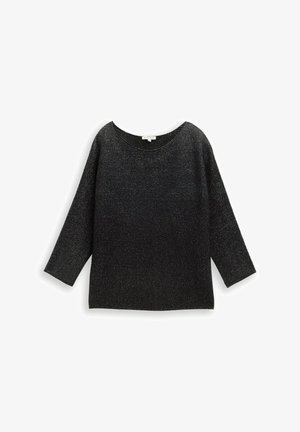 Schwarzer, locker sitzender Strickpullover mit Dreiviertelärmeln, der ein strukturiertes Muster und einen großzügigen Halsausschnitt aufweist. Weiches, leicht glänzendes Material.