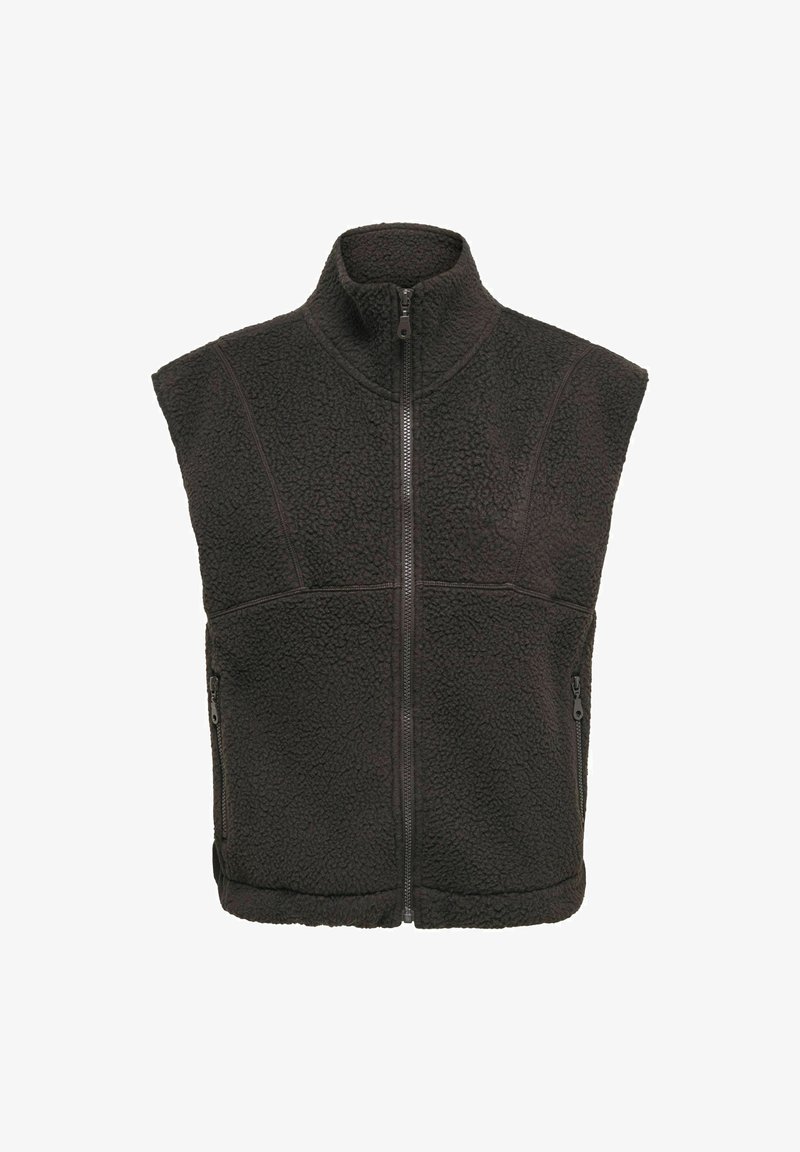Gilet sans manches en polaire noire avec fermeture éclair intégrale sur le devant, poches latérales zippées, col montant et tissu texturé.