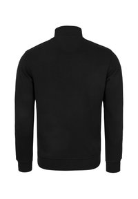 Sudadera negra con cuello alto, mangas largas y tejido suave y texturizado. Diseño sencillo sin logotipos ni patrones visibles.