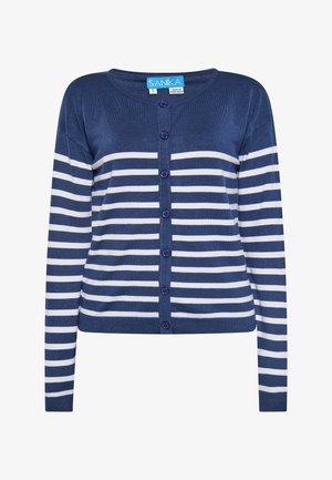 Niebiesko-biała kardigan z paskami, z długimi rękawami, okrągłym dekoltem i fioletowymi guzikami z przodu. Wykonany z miękkiego, lekkiego materiału.