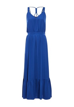 Vestido maxi azul sin mangas con escote en V, cintura fruncida, borde con volantes y finas tiras decorativas en los hombros con detalle en la espalda.