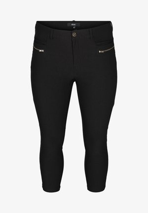 Zwarte stretch capri-broeken met een aansluitend ontwerp, voorzien van gouden hardware ritszakken aan de voorkant en een knoopsluiting in de taille.