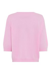 Maglione rosa chiaro lavorato a maglia, con un design squadrato, maniche a tre quarti e bordino a coste sul collo e sull'orlo. Morbida consistenza.