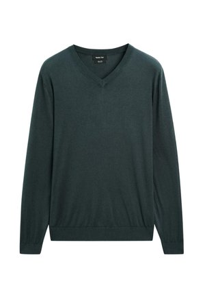 V-Ausschnitt-Pullover in Dunkelgrün, lange Ärmel, gerippte Bündchen und Saum, glatte Textur, aus weichem Stoff gefertigt, mit minimalistischem Design.