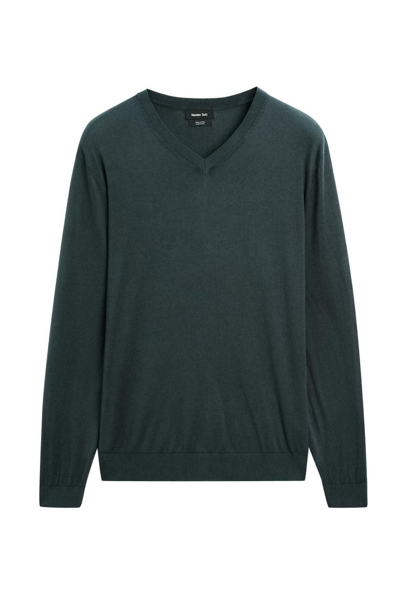 Maglione a collo a V in verde scuro, maniche lunghe, polsini e orlo a coste, texture liscia, realizzato in tessuto morbido, con un design minimalista.