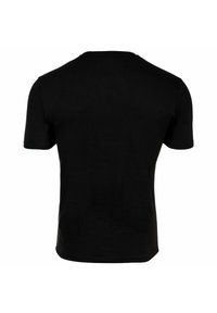 T-shirt nera a maniche corte in cotone. Presenta un colletto tondo e una texture liscia e uniforme. Nessun motivo o dettaglio visibile.