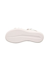 Die Schuhsohle besteht aus einem glatten, weißen Gummi-Material mit horizontalen und vertikalen Rillen für Traktion, hat eine geschwungene Form und ein ovales Fersendesign.
