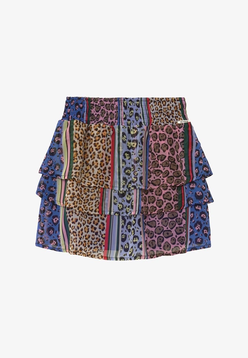Jupe à volants avec ceinture élastique, présentant un mélange d'imprimés animaliers et de rayures aux couleurs vives, principalement bleu, violet et marron.