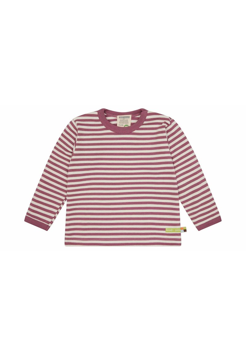 Maglietta a maniche lunghe a righe in mauve e crema, con scollatura tonda e etichetta laterale. Tessuto morbido con vestibilità regolare e orlo dritto.