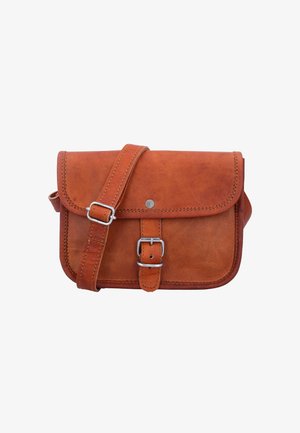 Ruda odinė petinė rankinė su užsegimu išvirkščia, reguliuojama dirželiu, sidabro detalėmis ir priekiniais užsegimais. Lygi tekstūra su siuvinėjimo akcentais.