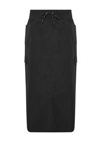 Svart cargokjol med dragsko i midjan, med sidofickor och rak siluett. Tillverkad av lätt, texturerad tyg.